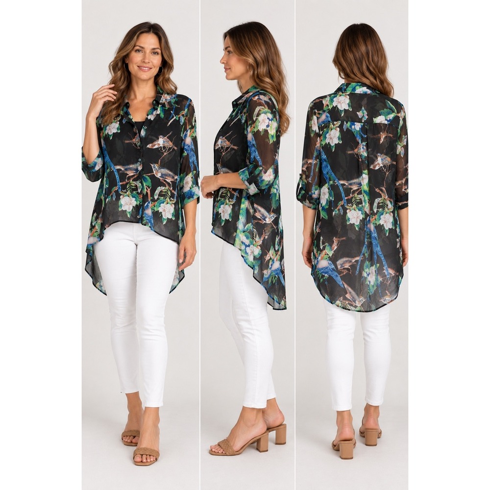 Mishca Tunic Blouse Womens Medium Black Floral Bird Print Sheer High Low Hem